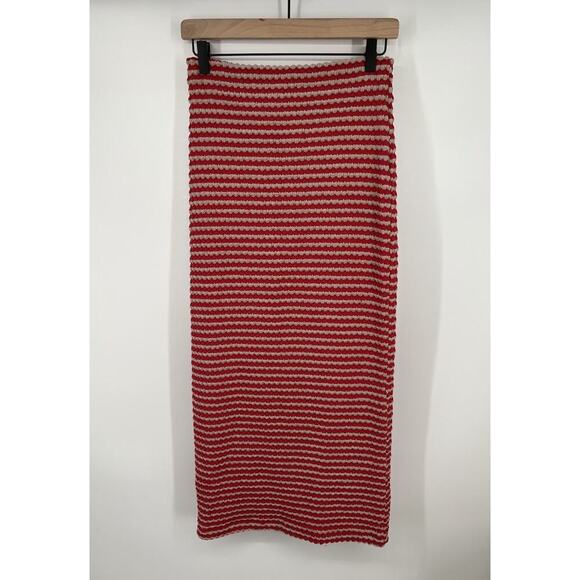 Free People Red Striped Knit High Rise Slit Maxi Skirt Size Small Beach Casual - Picture 3 of 5